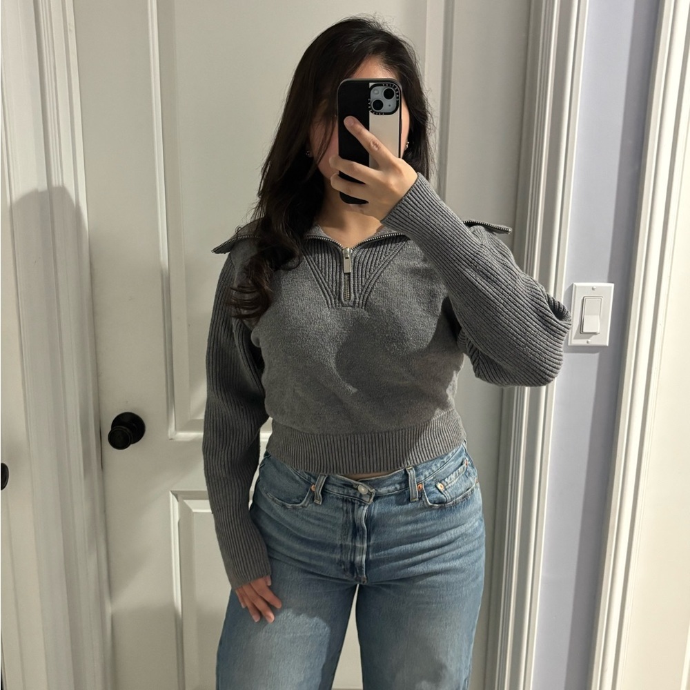 Zara Gray Knit Half Zip Sweater, Size: S